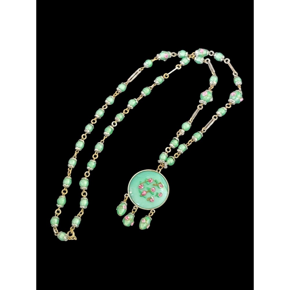 Art Deco Czech Aqua Glass Wedding Cake Bead Fringe Antique Necklace 1920s